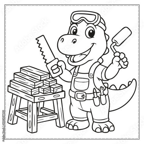 Cute Cartoon Dinosaur Woodworker Black and White Coloring Page for Kids