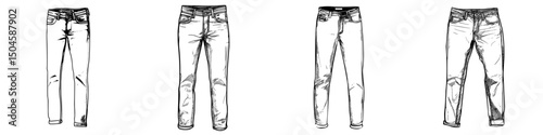 Stylized icon set featuring various designs of jeans in different styles and cuts for clothing and fashion applications