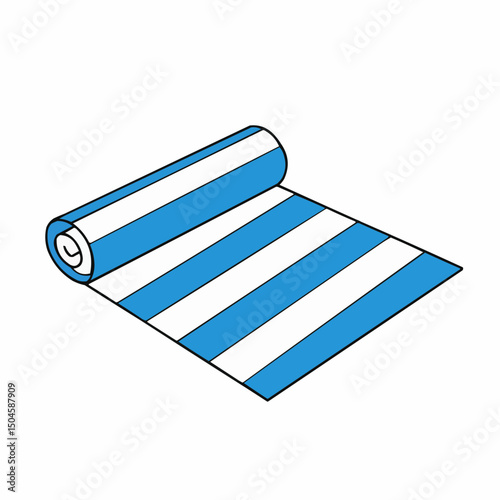 Blue and white striped beach mat rolled out on flat surface  