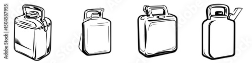 Set of different types of containers with handles designed for liquid storage or transportation