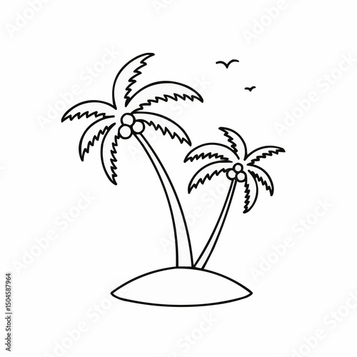 Tropical island with two palm trees and flying birds in outline style  