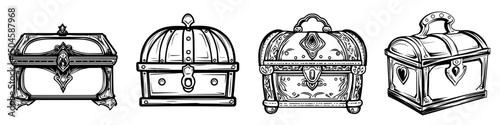 Elegant collection of decorative treasure chests in various styles highlighted by intricate designs and detailing
