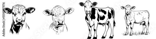 Detailed icon set featuring various cow designs with distinct features and expressions