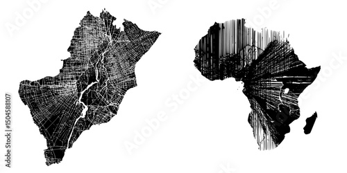 Unique icon set featuring detailed maps of a region and the continent of Africa in a black and white design