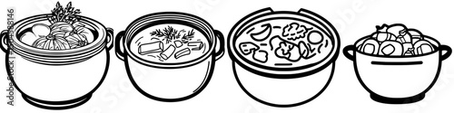 Set of cooking icons featuring various pots filled with ingredients for a culinary experience