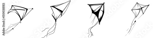 Collection of simple black line drawings depicting the various stages of a kite flying
