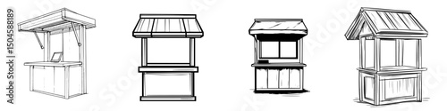 Collection of simple market stalls designed for various outdoor settings and vendor activities