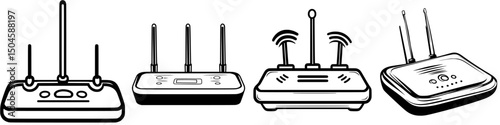 Icon set showcasing various router designs for network connectivity and technology applications
