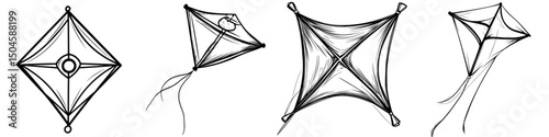 Icon set depicting various kite designs illustrating different shapes, styles, and structures for use in digital applications