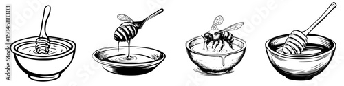Illustration of honey products showcasing bowls, honey drizzler, and bees highlighting natural sweetness