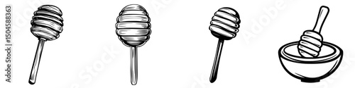 Icon set of honey dipper designs featuring various styles and orientations for culinary use