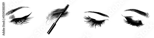 Unique icon set showcasing eyes and makeup application with elegant brush strokes and defined lashes