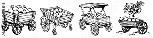 Collection of vintage carts filled with fruits, illustrating agricultural themes and rural markets