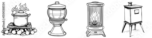 Collection of vintage cooking and heating devices for traditional preparation and comfort settings