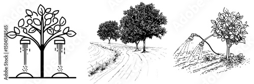 Icon set showcasing detailed tree illustrations and irrigation methods for landscape design