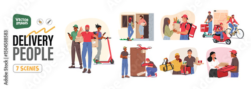 Diverse courier cartoon characters delivering different goods and food products isolated scene set
