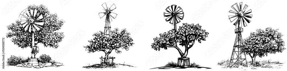 Fototapeta premium Collection of vintage windmill and tree illustrations in black and white design
