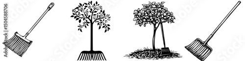 Icon set featuring gardening tools and plants in a sleek black and white design suitable for various applications