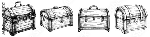 Detailed collection of vintage-style treasure chests showcasing unique shapes and craftsmanship in a classic design