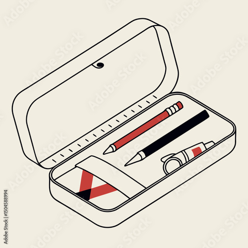 Pencil case with school supplies on a neutral background  