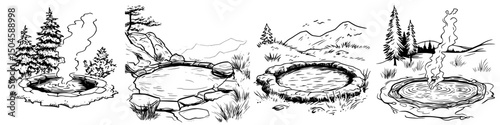 Various natural hot springs in serene mountain landscapes with gentle steam rising