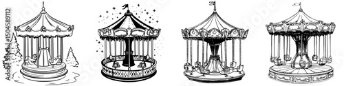 Diverse icon set featuring vintage carousel designs with intricate details and whimsical elements