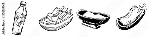 Icon set featuring distinct food items and condiments in a minimalist black and white design