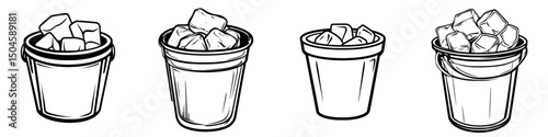 Four distinct bucket designs featuring varying styles of ice cubes for versatile application in illustrations and designs