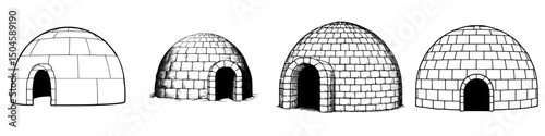 Collection of icon illustrations depicting different igloo designs in varying styles and structures