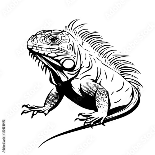 Detailed illustration of a black and white iguana design showcasing unique features and textures