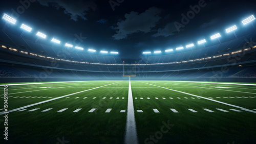 Night football stadium empty green field and bright lights