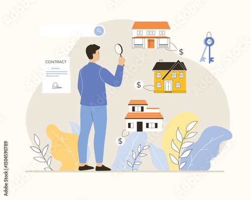 Real estate online. Home mortgage loan. Man choosing house for buying or for rent, using online searching service. Flat vector illustration.