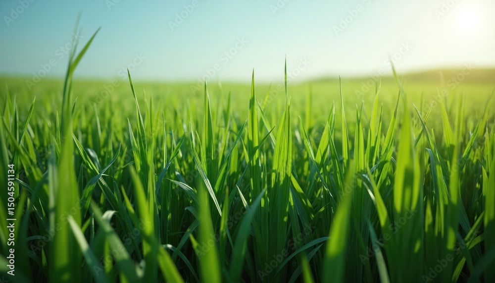 Fototapeta premium Lush green grass field under clear sky. Blades of grass, sunlit, fresh air, serene vibe. Sunny day landscape with meadow in countryside. Summer nature. Healthy growth on farm.