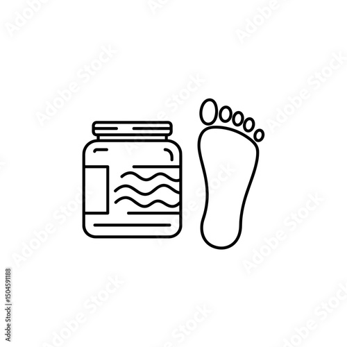 Foot cream jar next to bare foot in minimalist line art style.   Black and white minimalist icon, editable SVG.