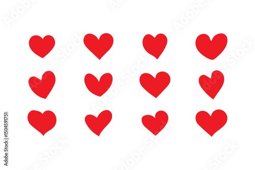 Red Heart Clipart Collection – 12 Unique Hand-Drawn Love Symbols on White Background