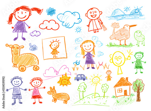 Collection of Hand Drawn Crayon Pastel Kids Children’s Doodles and Toddler Scribbles Vector Illustration – Cute Childlike Drawings, Colorful Art for Nursery, Education, Playful Design, and School