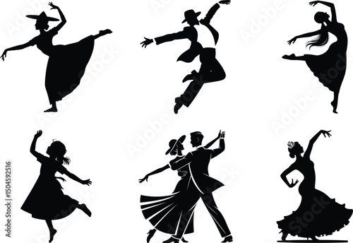 Dancing Silhouette Bundle, Dancing Couple Vector art of male and female hip hop dancers. Dynamic Dancing illustrations.