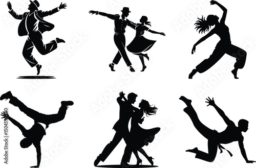 Dancing Silhouette Bundle, Dancing Couple Vector art of male and female hip hop dancers. Dynamic Dancing illustrations.