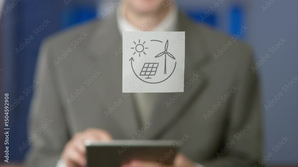Businessman using a digital tablet while showing a note with a drawing representing the circular economy of renewable energy, with sun, wind turbine and solar panel