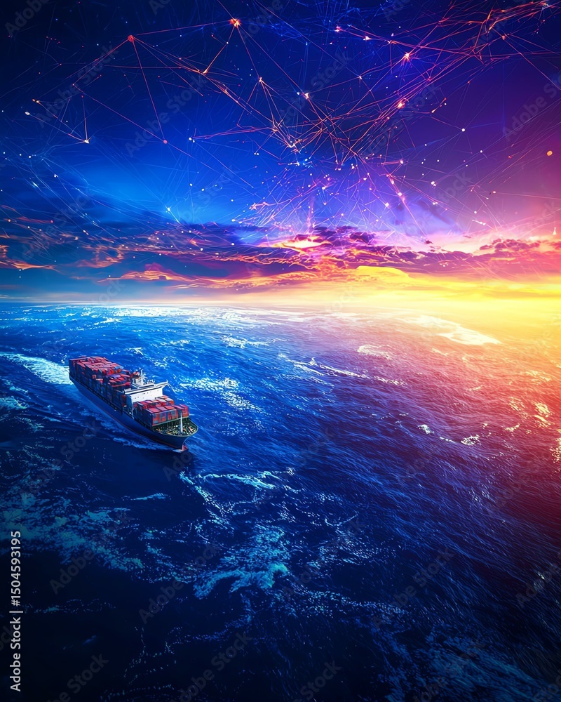 Fototapeta premium Satellite-Driven Economic Analytics Vibrant sunset over a cargo ship at sea. Remote Sensing for Market Prediction AI-Based Global Forecasting Maps