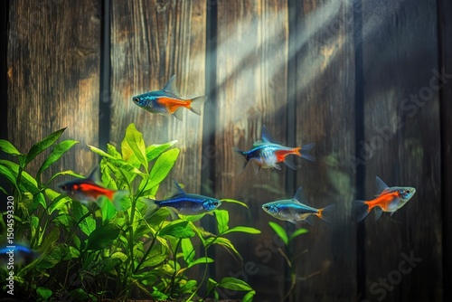 Vibrant cardinal tetras swim amidst lush green aquatic plants in a tranquil aquarium setting. photo