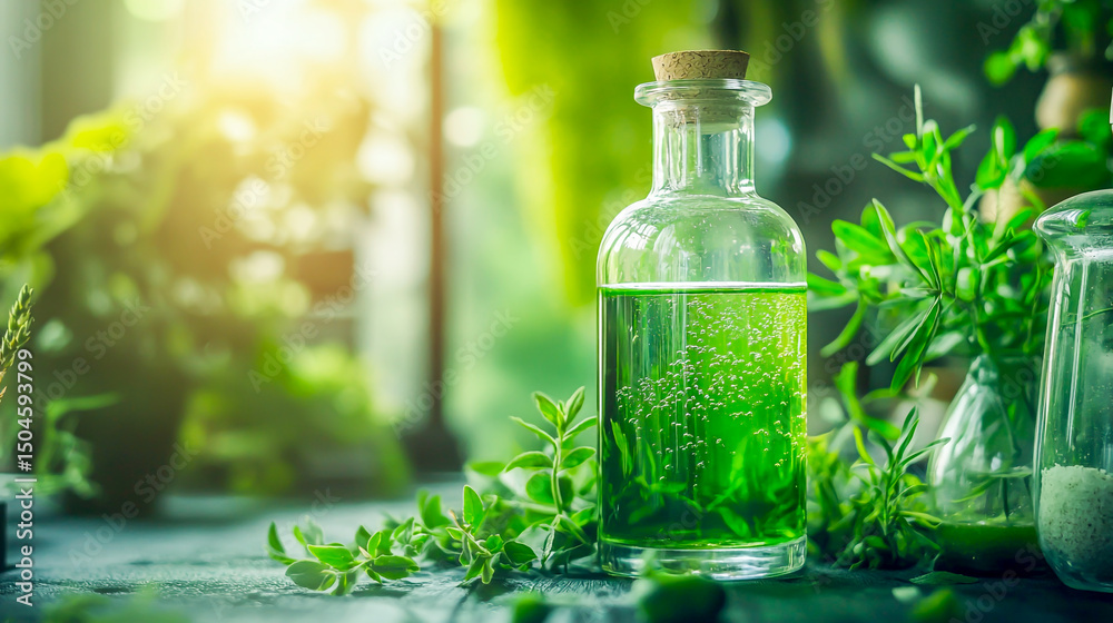 Green tonic in clear flask mystical drink or health elixir setup Green tonic in clear flask mystical drink or health elixir setup