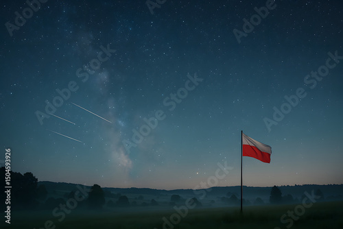 Bandera de Polonia ondeando bajo un cielo estrellado con meteoros
