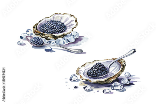 Black caviar in oyster shell with spoon on pieces of crushed ice, watercolor illustration