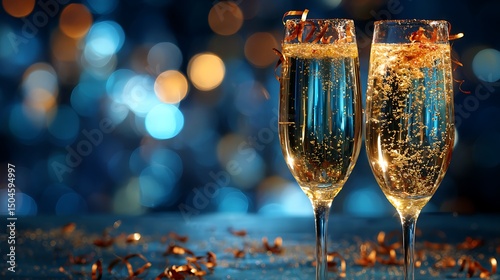 Two champagne flutes filled with bubbly liquid and confetti on a blurred light background