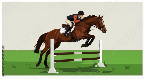 Equestrian rider jumping over a fence on a brown horse in a modern flat design style