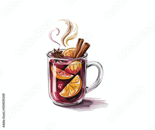 Autumn mulled wine, watercolor illustration