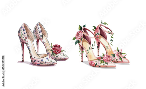 floral printed stilettos , watercolor vector illustration 