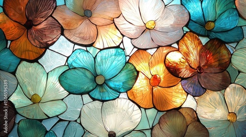 Close-up of a group of colorful flowers. the flowers are arranged in a repeating pattern, with each flower having a unique shape and color.
