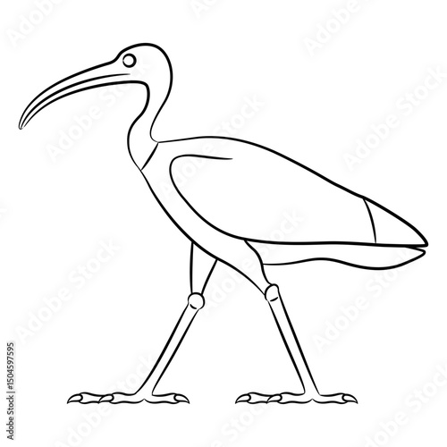 Standing ibis bird. Ethnic ancient Egyptian animal design. Black and white linear silhouette.